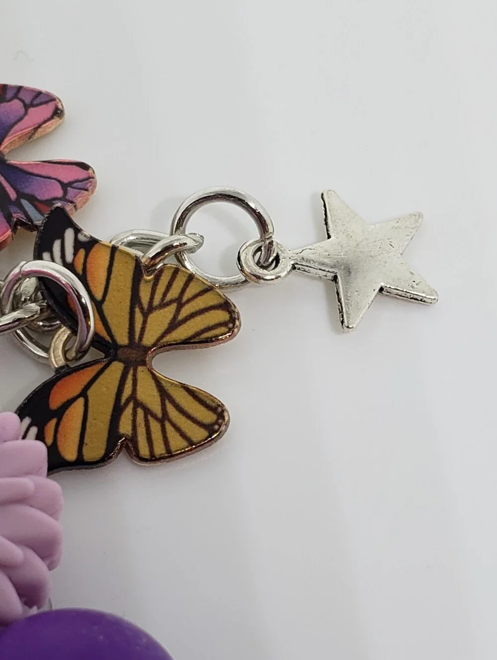 Handmade SiIicone Focal Beaded Pink Purple Flower Butterfly Wristlet Keychain